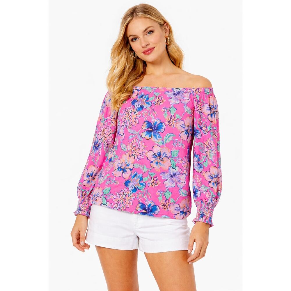 Lilly‎ Pulitzer Lessa Blouse Women XS Pink Excellent Off The Shoulder Floral Top